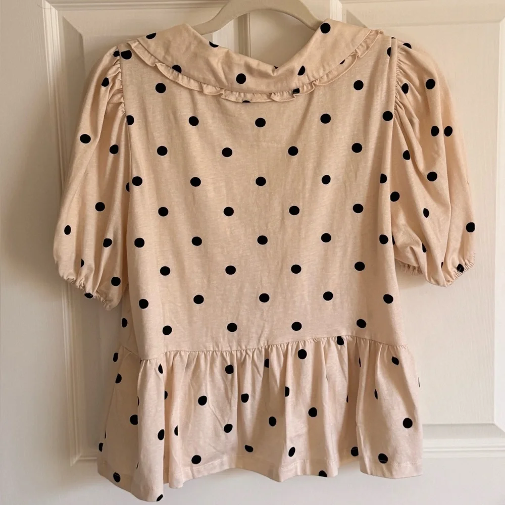 Anthropologie Beige Polka Dot Ruffle Collar Blouse